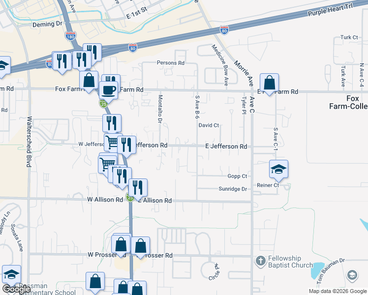 map of restaurants, bars, coffee shops, grocery stores, and more near 404-426 E Jefferson Rd in Cheyenne