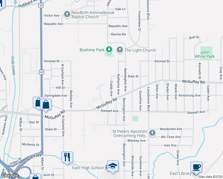 map of restaurants, bars, coffee shops, grocery stores, and more near 960 Cuddy Avenue in Youngstown