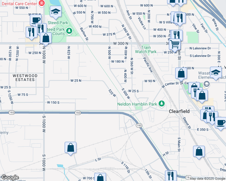 map of restaurants, bars, coffee shops, grocery stores, and more near 72 South 525 West in Clearfield
