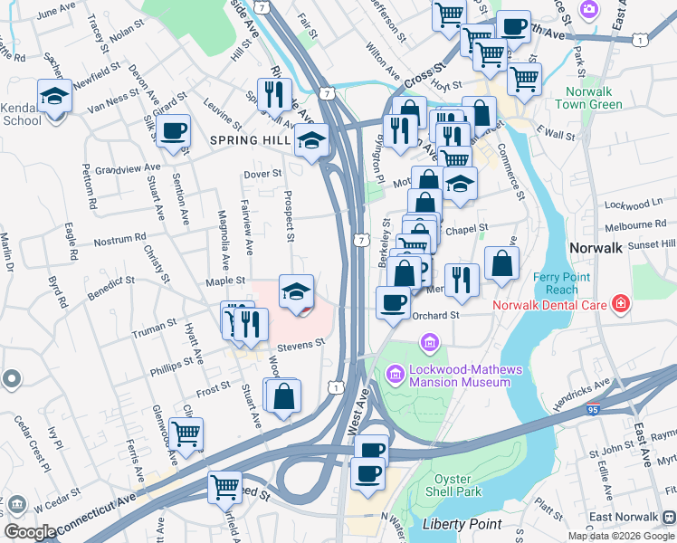 map of restaurants, bars, coffee shops, grocery stores, and more near 27 Van Buren Avenue in Norwalk