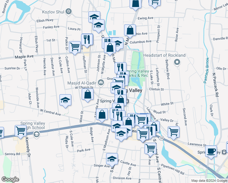 map of restaurants, bars, coffee shops, grocery stores, and more near 7 North Madison Avenue in Spring Valley