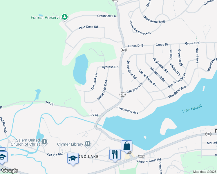 map of restaurants, bars, coffee shops, grocery stores, and more near 2233 White Oak Trail in Pocono Pines