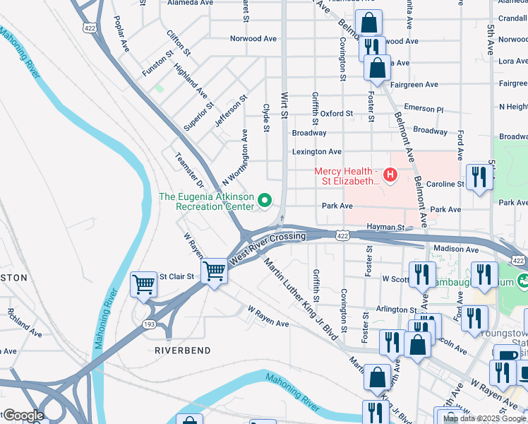 map of restaurants, bars, coffee shops, grocery stores, and more near 1015 Otis Street in Youngstown