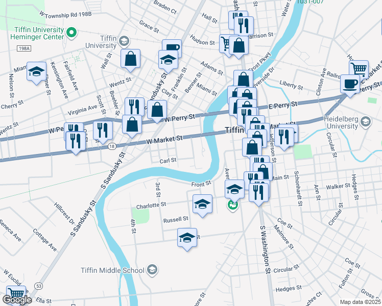 map of restaurants, bars, coffee shops, grocery stores, and more near 27 Saint Clair Street in Tiffin