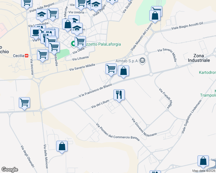 map of restaurants, bars, coffee shops, grocery stores, and more near 2-6 Viale Maestri del Lavoro in Bari