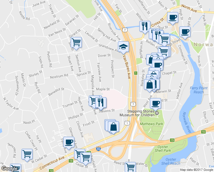 map of restaurants, bars, coffee shops, grocery stores, and more near 32 Fairview Avenue in Norwalk
