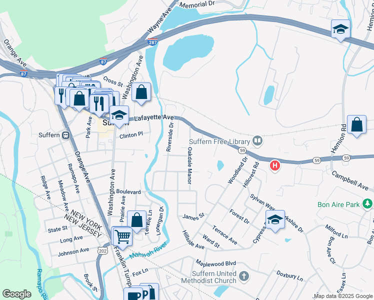 map of restaurants, bars, coffee shops, grocery stores, and more near 17 Oakdale Manor in Suffern