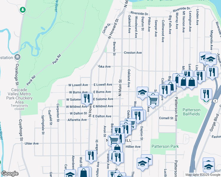 map of restaurants, bars, coffee shops, grocery stores, and more near 1044 Berwin Street in Akron