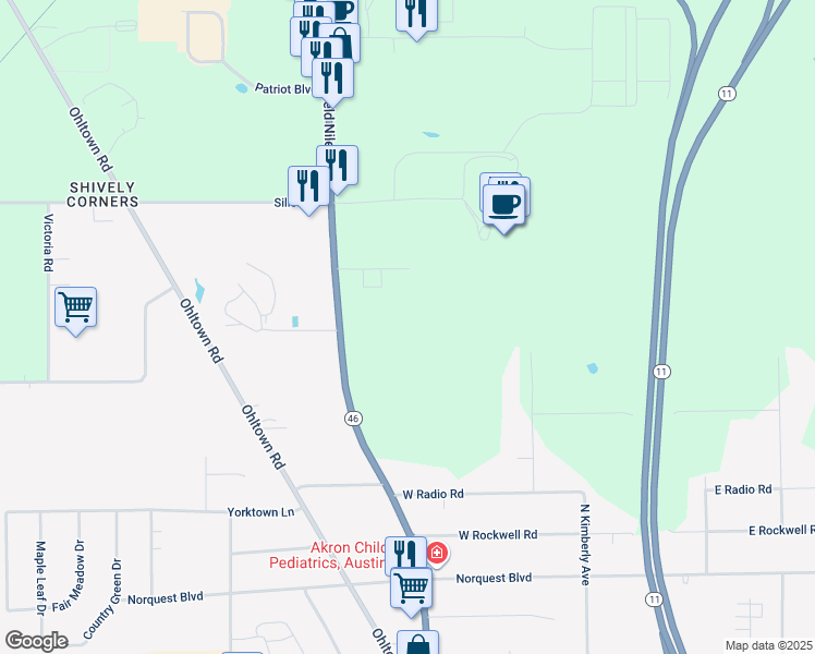 map of restaurants, bars, coffee shops, grocery stores, and more near 5295 Ashley Circle in Youngstown