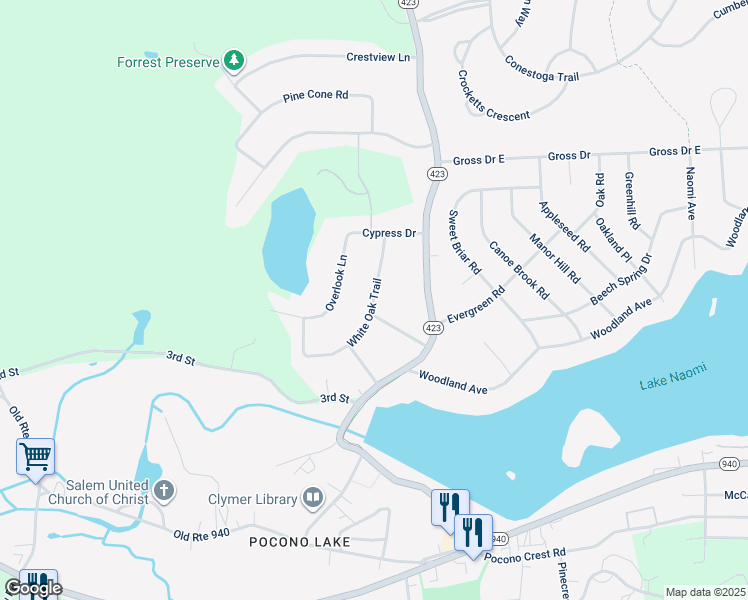 map of restaurants, bars, coffee shops, grocery stores, and more near White Oak Trail in Pocono Pines