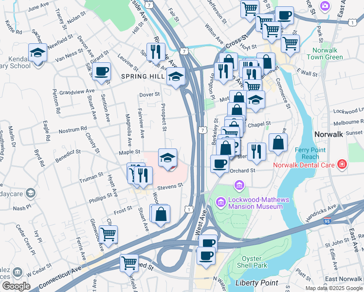 map of restaurants, bars, coffee shops, grocery stores, and more near 13 Clarmore Drive in Norwalk