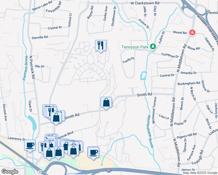 map of restaurants, bars, coffee shops, grocery stores, and more near 2 Eagle Ridge Way in Nanuet