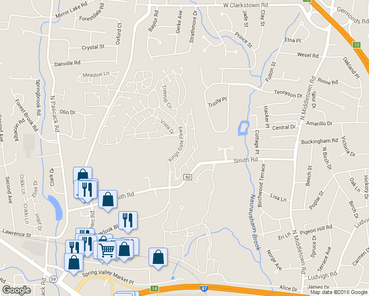 map of restaurants, bars, coffee shops, grocery stores, and more near 1 Kings Gate Parkway in Nanuet