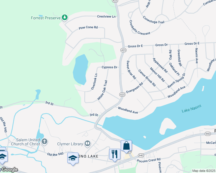 map of restaurants, bars, coffee shops, grocery stores, and more near 2233 White Oak Trail in Pocono Pines
