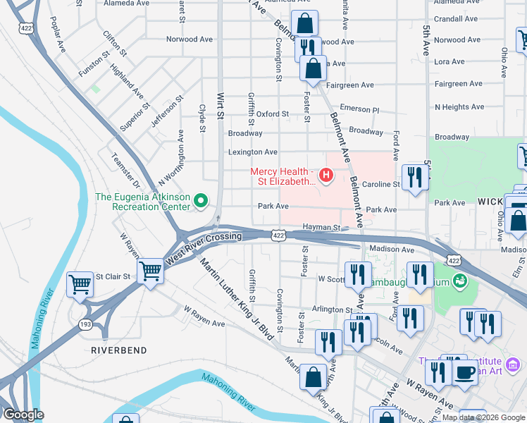 map of restaurants, bars, coffee shops, grocery stores, and more near 712 Park Avenue in Youngstown