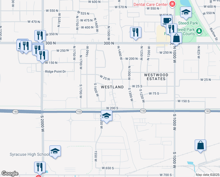 map of restaurants, bars, coffee shops, grocery stores, and more near 17 South 1450 West in Clearfield