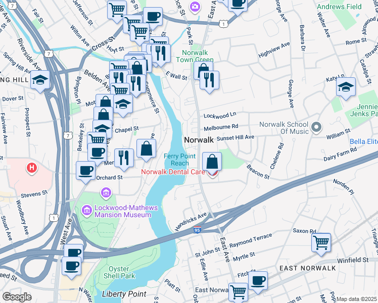 map of restaurants, bars, coffee shops, grocery stores, and more near 124 East Avenue in Norwalk