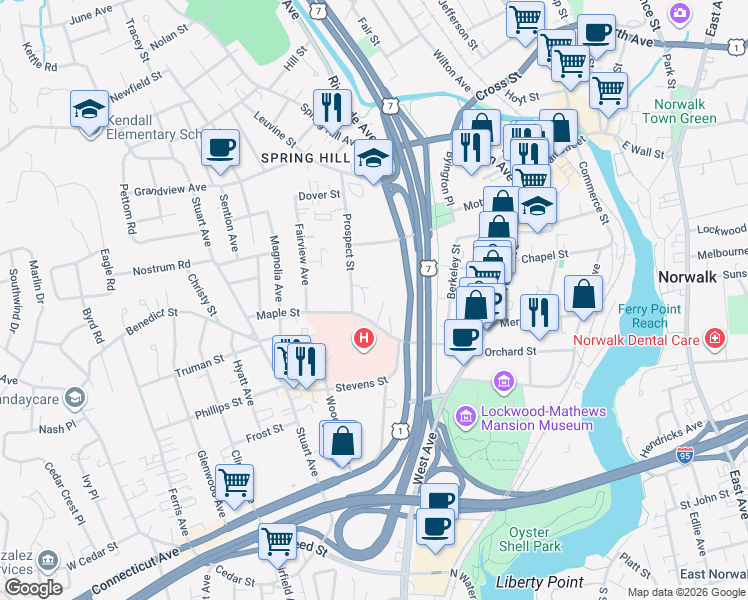 map of restaurants, bars, coffee shops, grocery stores, and more near 56G Clarmore Drive in Norwalk