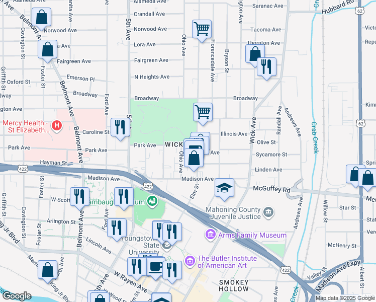 map of restaurants, bars, coffee shops, grocery stores, and more near 209 Park Avenue in Youngstown