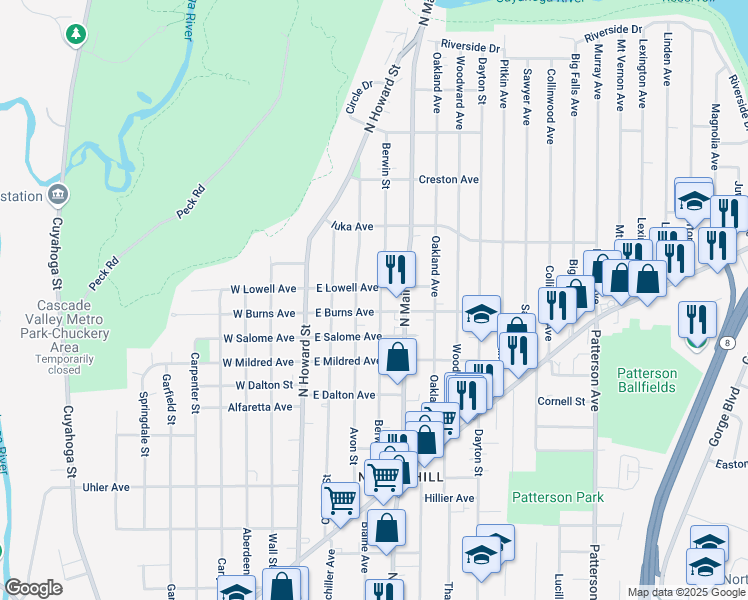 map of restaurants, bars, coffee shops, grocery stores, and more near 1044 Berwin Street in Akron