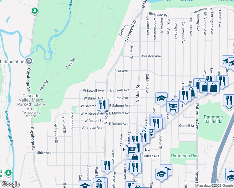 map of restaurants, bars, coffee shops, grocery stores, and more near 40 East Lowell Avenue in Akron