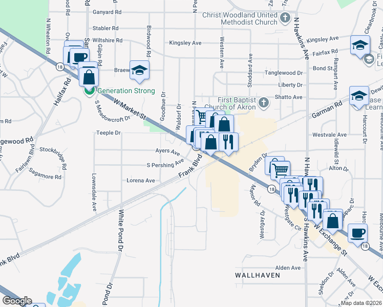 map of restaurants, bars, coffee shops, grocery stores, and more near 970 West Market Street in Akron