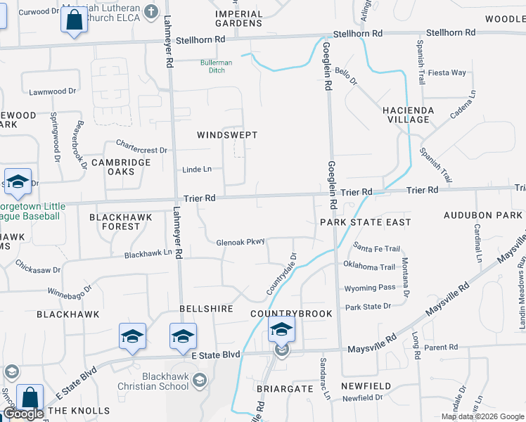 map of restaurants, bars, coffee shops, grocery stores, and more near 7754 Trier Road in Fort Wayne
