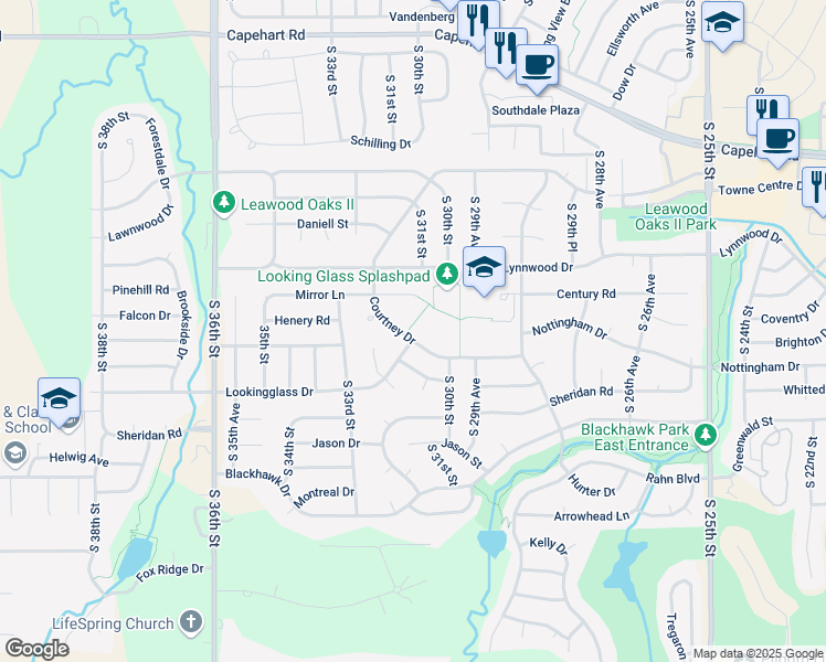 map of restaurants, bars, coffee shops, grocery stores, and more near 13305 Courtney Drive in Bellevue