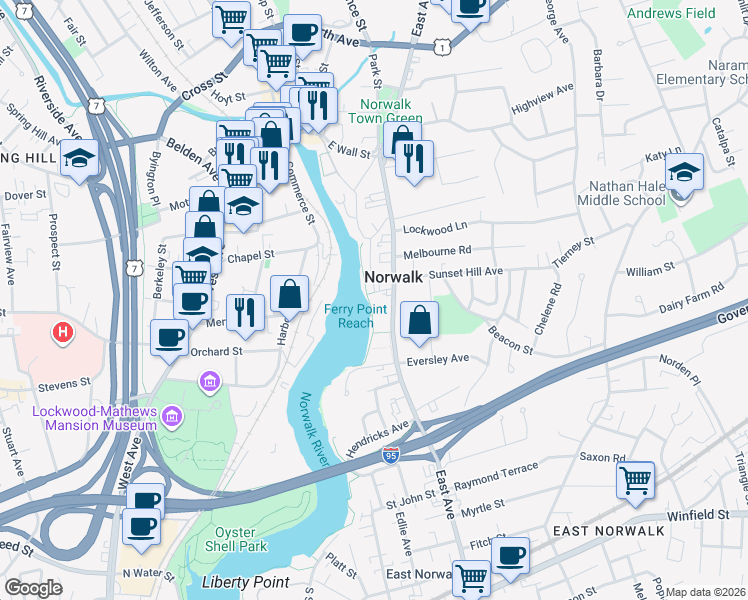 map of restaurants, bars, coffee shops, grocery stores, and more near 124 East Avenue in Norwalk