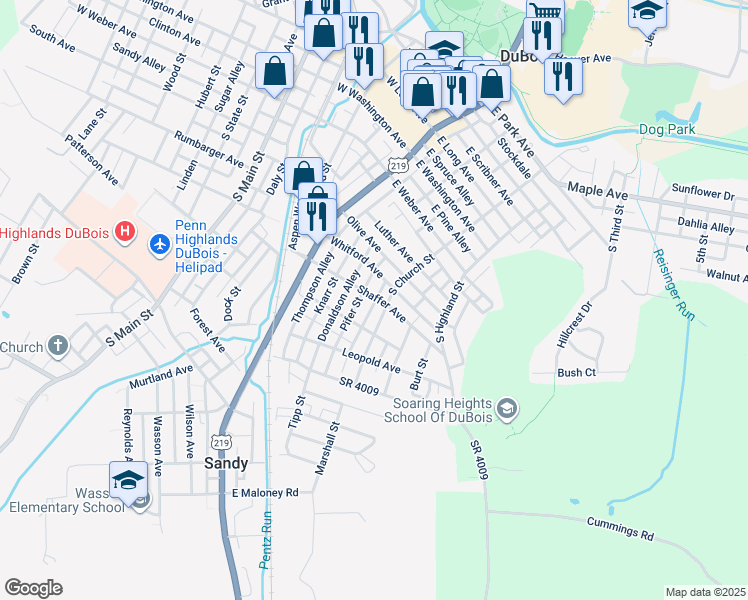 map of restaurants, bars, coffee shops, grocery stores, and more near 216 Shaffer Avenue in DuBois