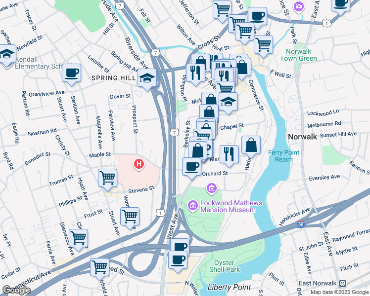 map of restaurants, bars, coffee shops, grocery stores, and more near 13 Arch Street in Norwalk