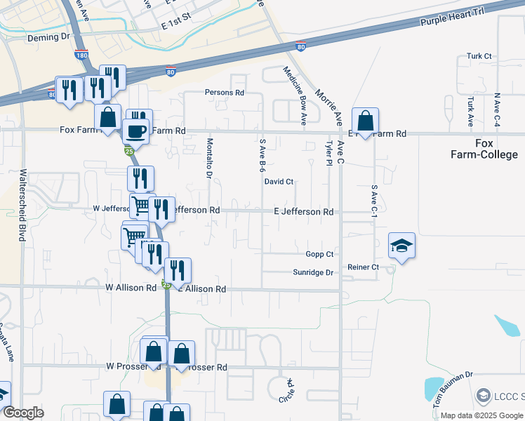 map of restaurants, bars, coffee shops, grocery stores, and more near 557 East Jefferson Road in Cheyenne