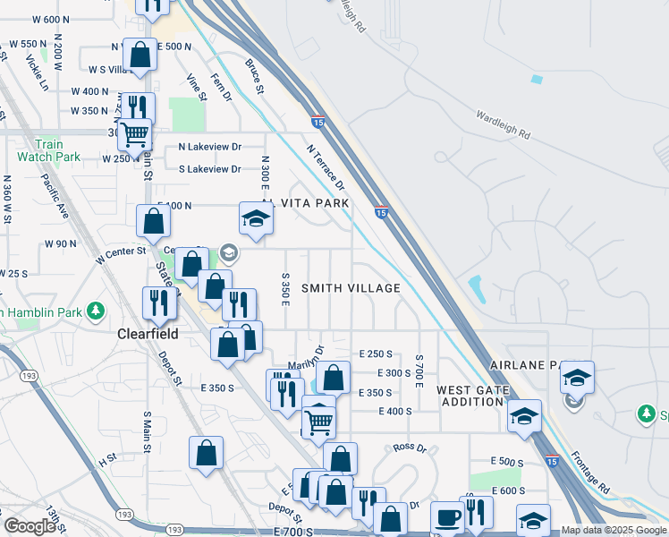 map of restaurants, bars, coffee shops, grocery stores, and more near 49 South 450 East in Clearfield
