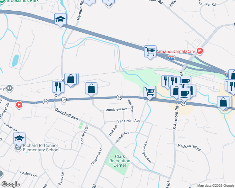 map of restaurants, bars, coffee shops, grocery stores, and more near 134 New York 59 in Suffern