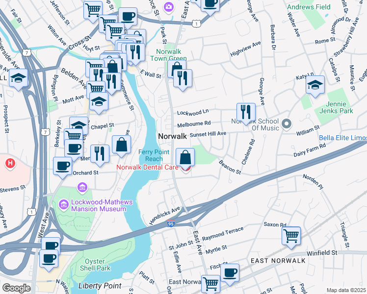 map of restaurants, bars, coffee shops, grocery stores, and more near 125 East Avenue in Norwalk