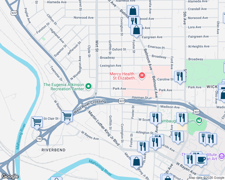 map of restaurants, bars, coffee shops, grocery stores, and more near 712 Park Avenue in Youngstown