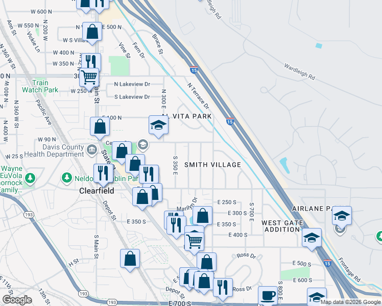 map of restaurants, bars, coffee shops, grocery stores, and more near 51 South 400 East in Clearfield