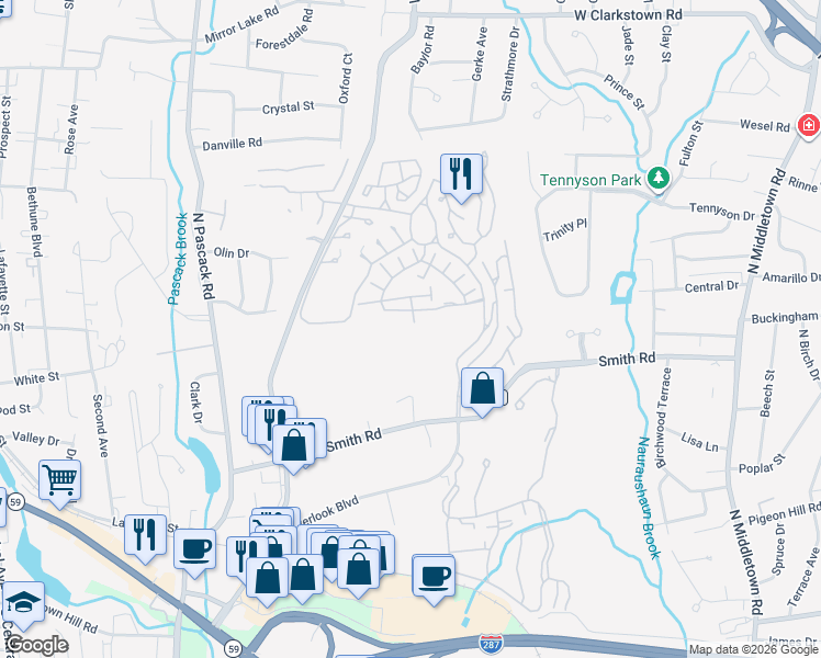 map of restaurants, bars, coffee shops, grocery stores, and more near 42 Nissan Court in Nanuet