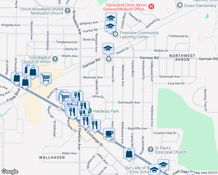 map of restaurants, bars, coffee shops, grocery stores, and more near 1389 Bryden Drive in Akron