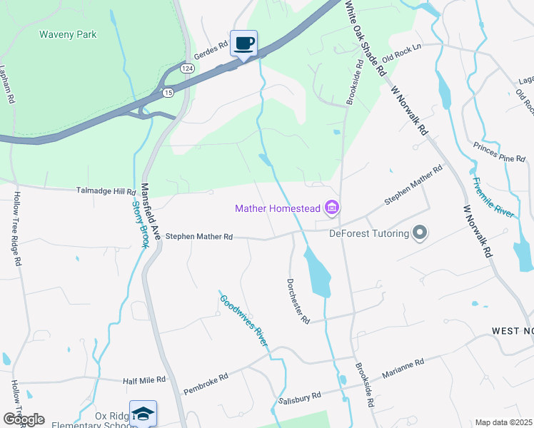 map of restaurants, bars, coffee shops, grocery stores, and more near 32 Hillsley Road in Darien