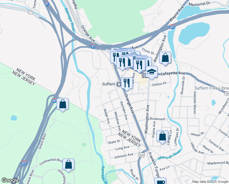 map of restaurants, bars, coffee shops, grocery stores, and more near 9 West Park Place in Suffern