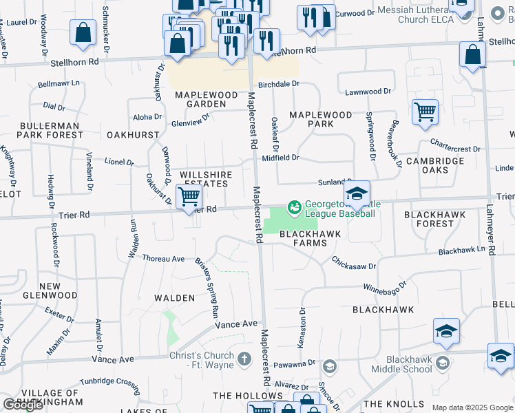 map of restaurants, bars, coffee shops, grocery stores, and more near Maplecrest Rd & Trier Rd in Fort Wayne