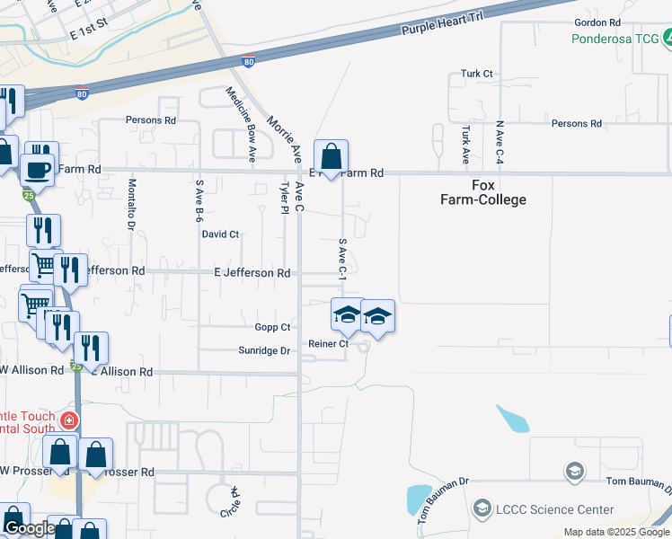 map of restaurants, bars, coffee shops, grocery stores, and more near 1004 East Jefferson Road in Cheyenne