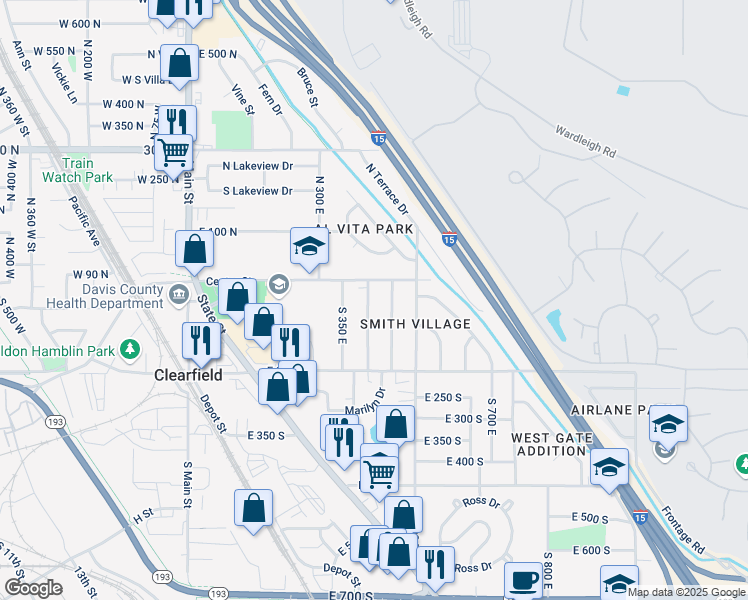 map of restaurants, bars, coffee shops, grocery stores, and more near 30s South 400 East in Clearfield