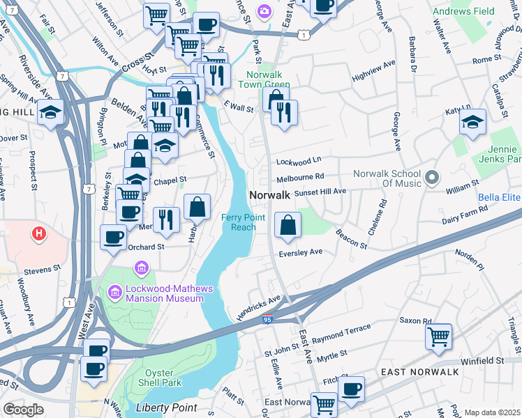 map of restaurants, bars, coffee shops, grocery stores, and more near 124 East Avenue in Norwalk