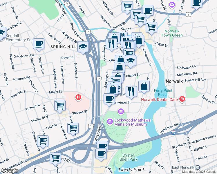 map of restaurants, bars, coffee shops, grocery stores, and more near 10 Arch Street in Norwalk