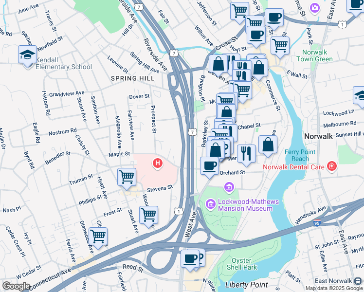 map of restaurants, bars, coffee shops, grocery stores, and more near 16 Arch Street in Norwalk