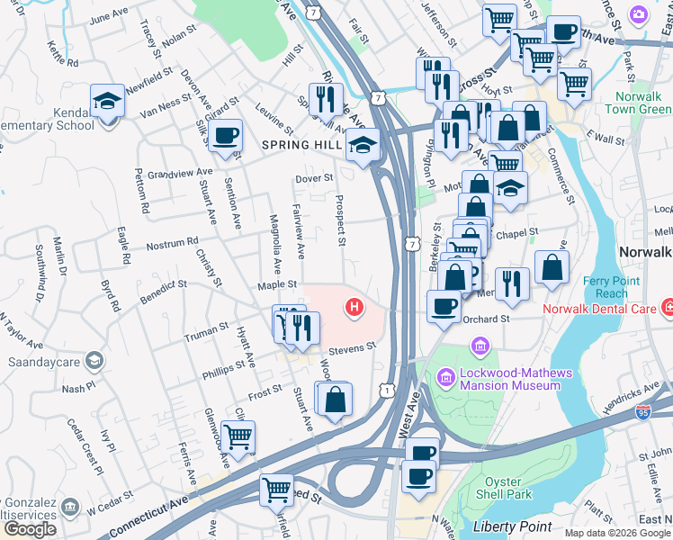 map of restaurants, bars, coffee shops, grocery stores, and more near 33 Prospect Street in Norwalk