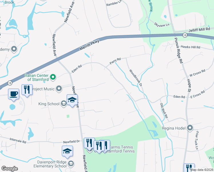 map of restaurants, bars, coffee shops, grocery stores, and more near 173 Eden Road in Stamford