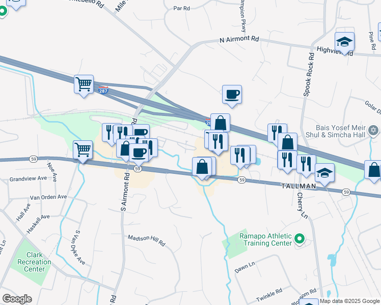 map of restaurants, bars, coffee shops, grocery stores, and more near 24 North De Baun Avenue in Airmont